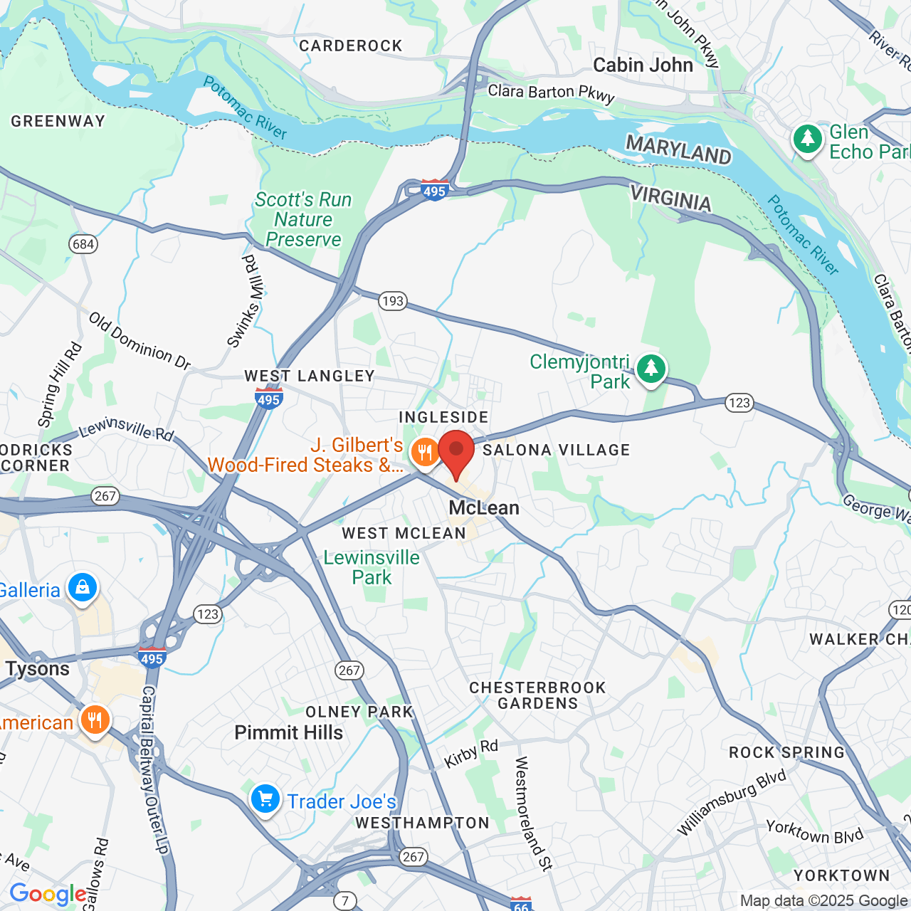 Google map image of our location in 6845 Elm St McLean, VA